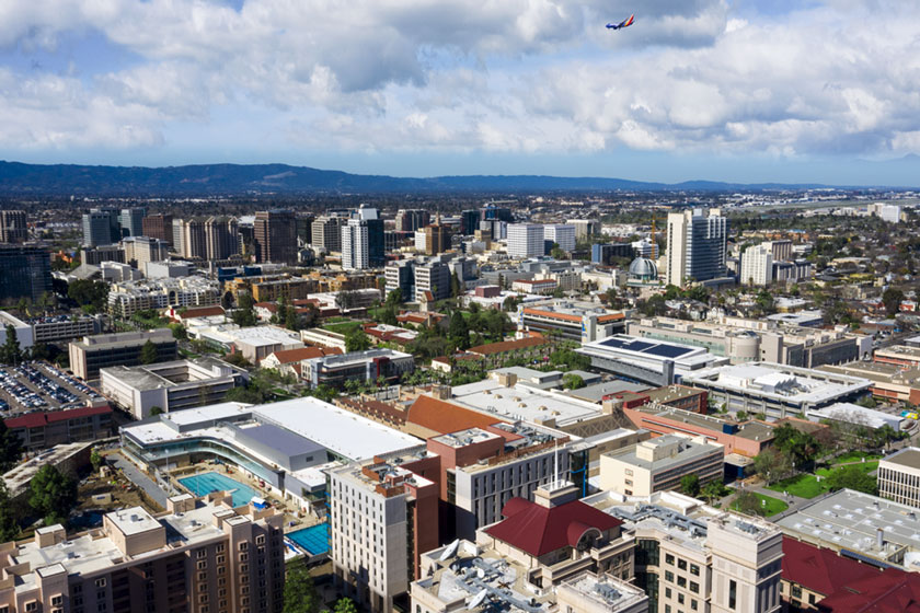 Aerial view of campus and downtown SJ.