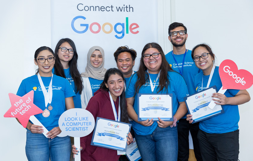 A group of students celebrating their Connect with Google certificates.