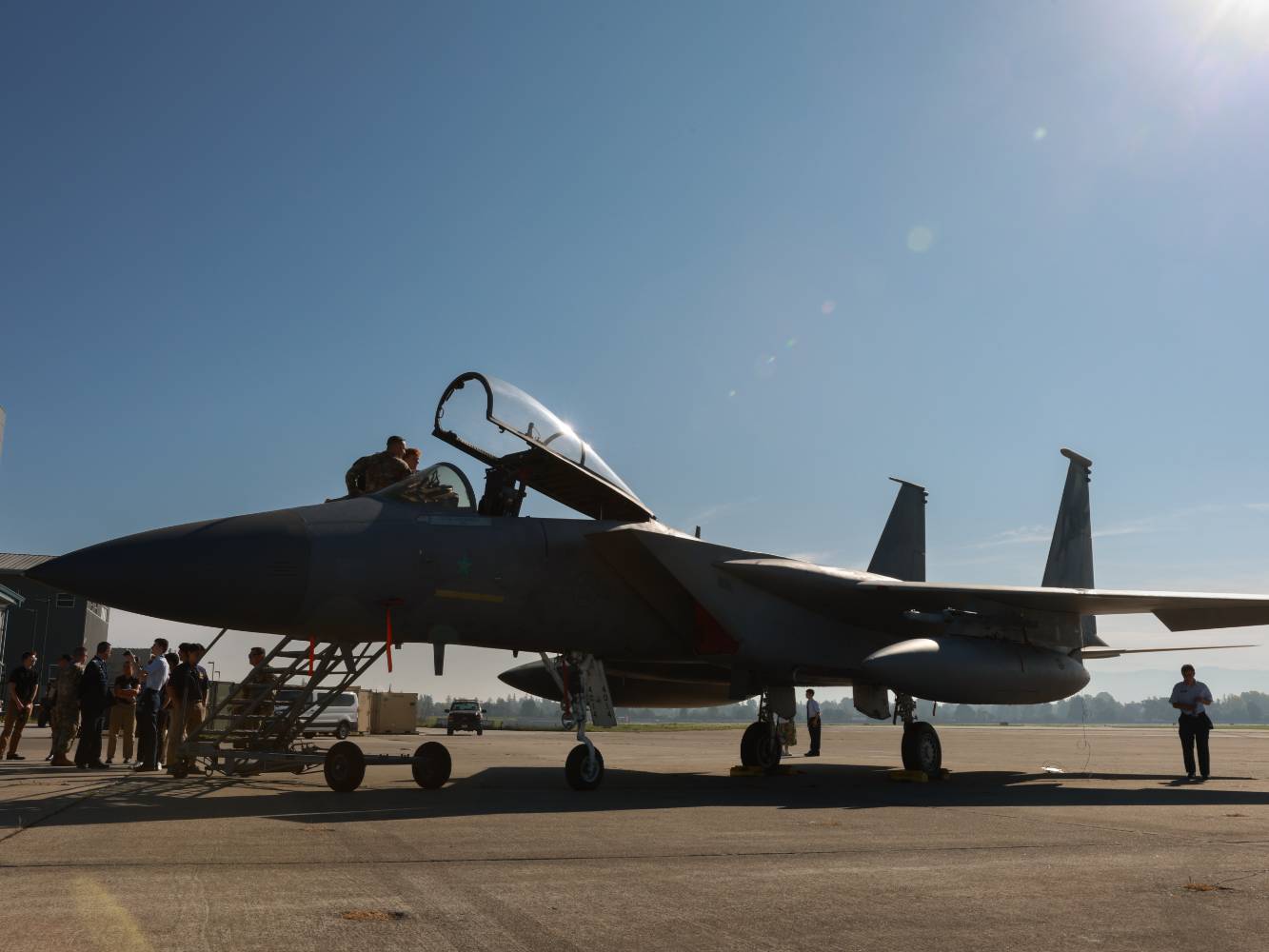 Cadets gathering around F-15 at Moffett Community Day