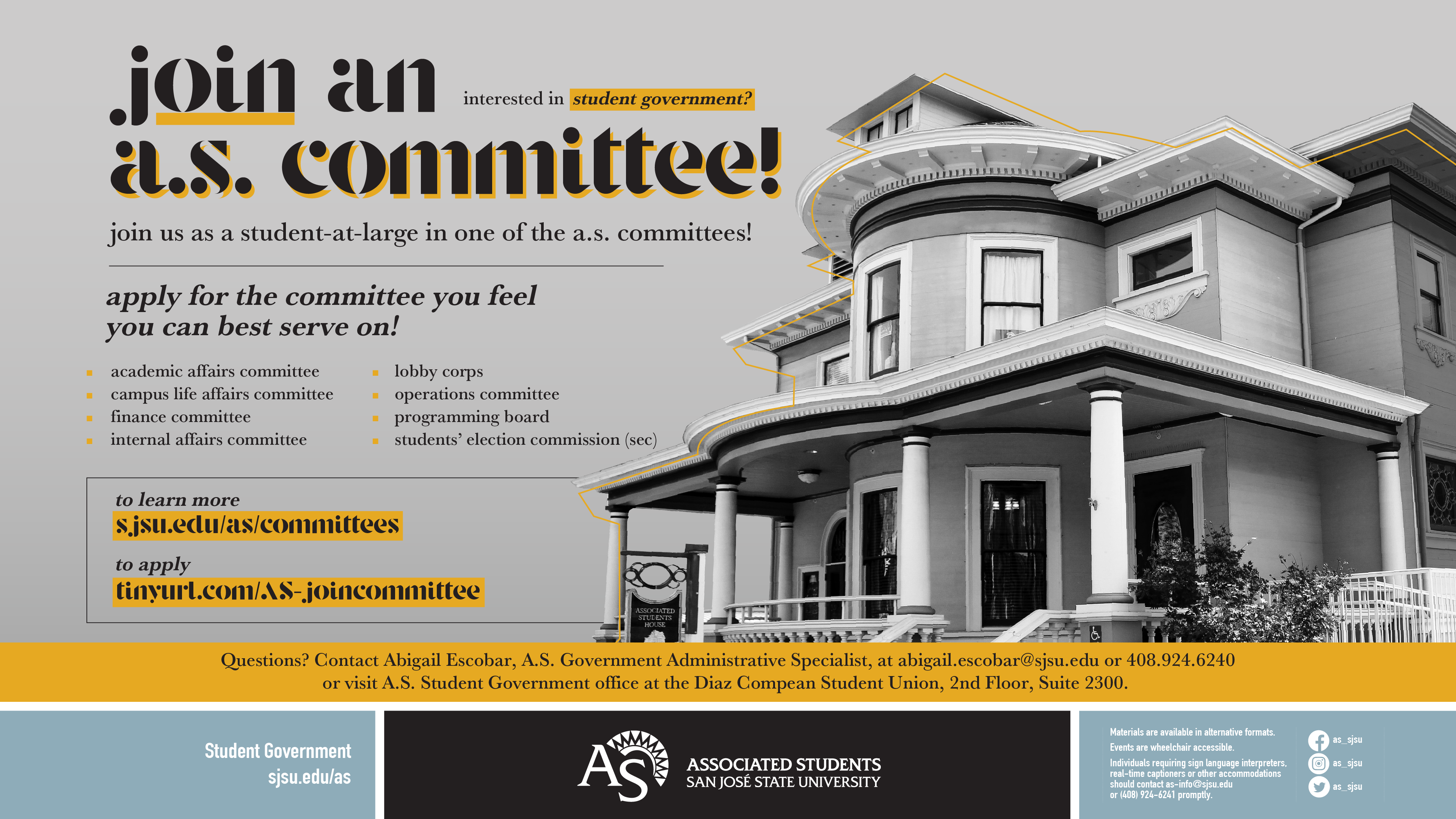 An informational flyer containing the application link to join an A.S. committee.