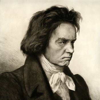 Black-and-white portrait of a glowering Beethoven