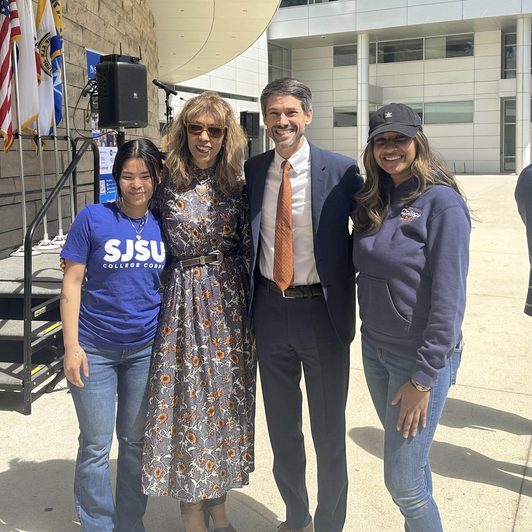 Shamita Rai (left-most) and Ariza Ali (right-most) pictured with Cynthia Teniente-Matson and Mayor Matt Mahan