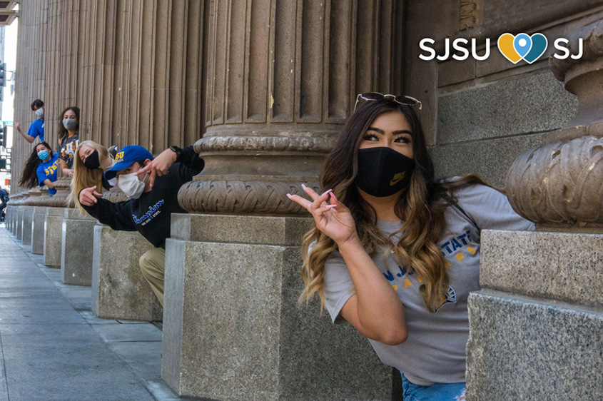 Students posing in downtown.