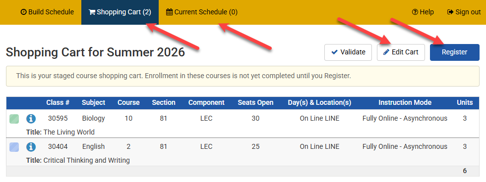 Sample MyScheduler shopping cart Sample shopping cart display for MyScheduler, with arrows pointing to the new top navigation tabs for Shopping Cart and Current Schedule, as well as the Edit Cart and Register buttons.