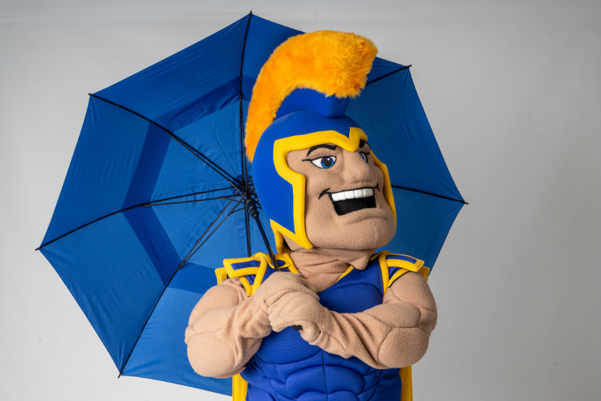 Sammy Spartan with an umbrella