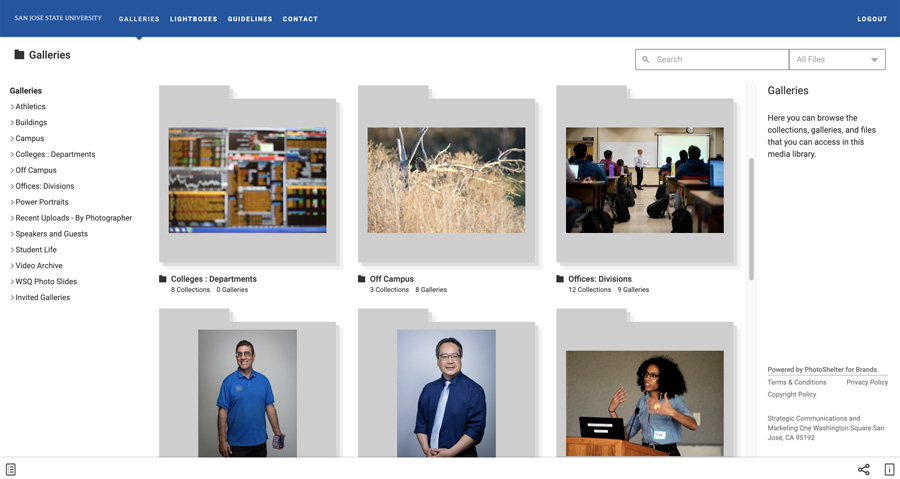 Dashboard of SJSU's photoshelter library.