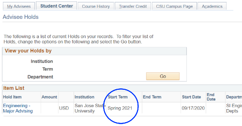 start term is the term the hold will affect