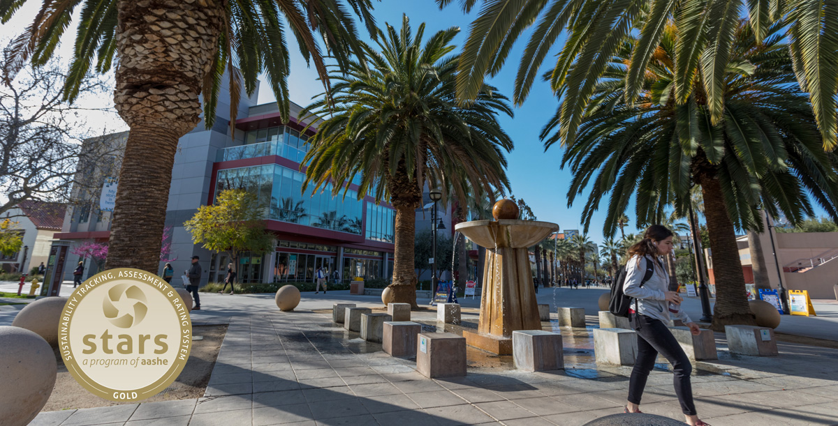 SJSU Paseo with a water fountain.