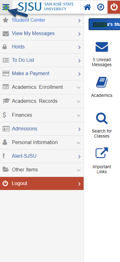 MYSJSU Student Mobile Left Navigation Menu.