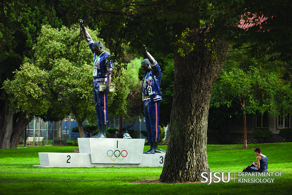 Sculpture of Carlos and Smith with fists in air