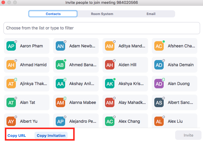 Zoom invite others from contact list to attend.