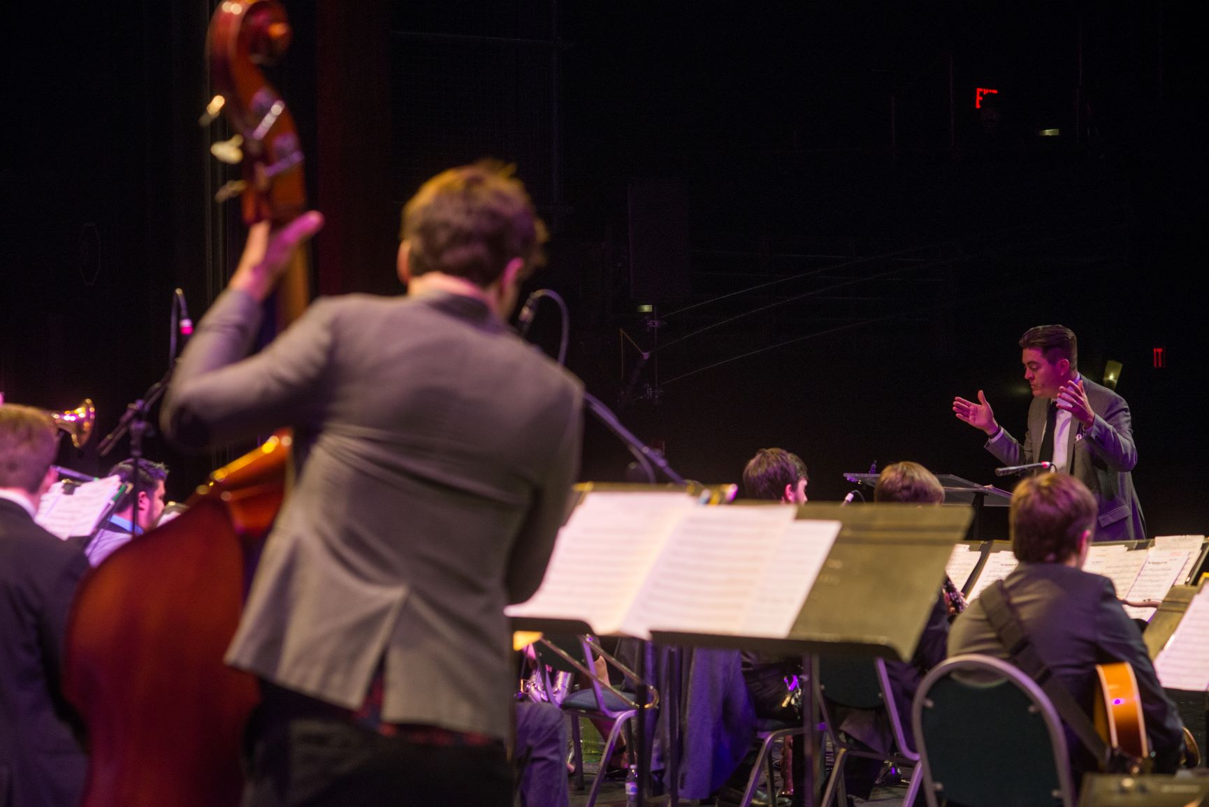 Jazz orchestra playing on stage.