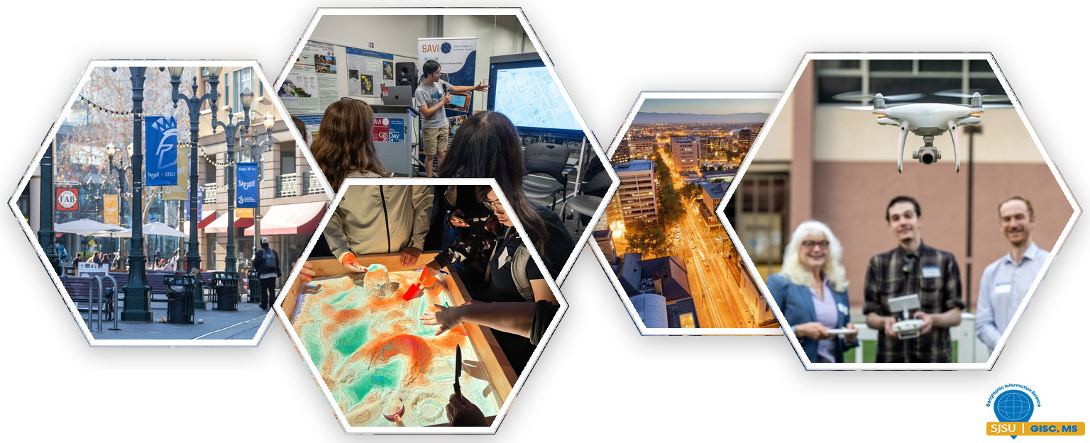 Demo of MS GISc students engaging in drone demo and event activities and San Jose downtown scenes
