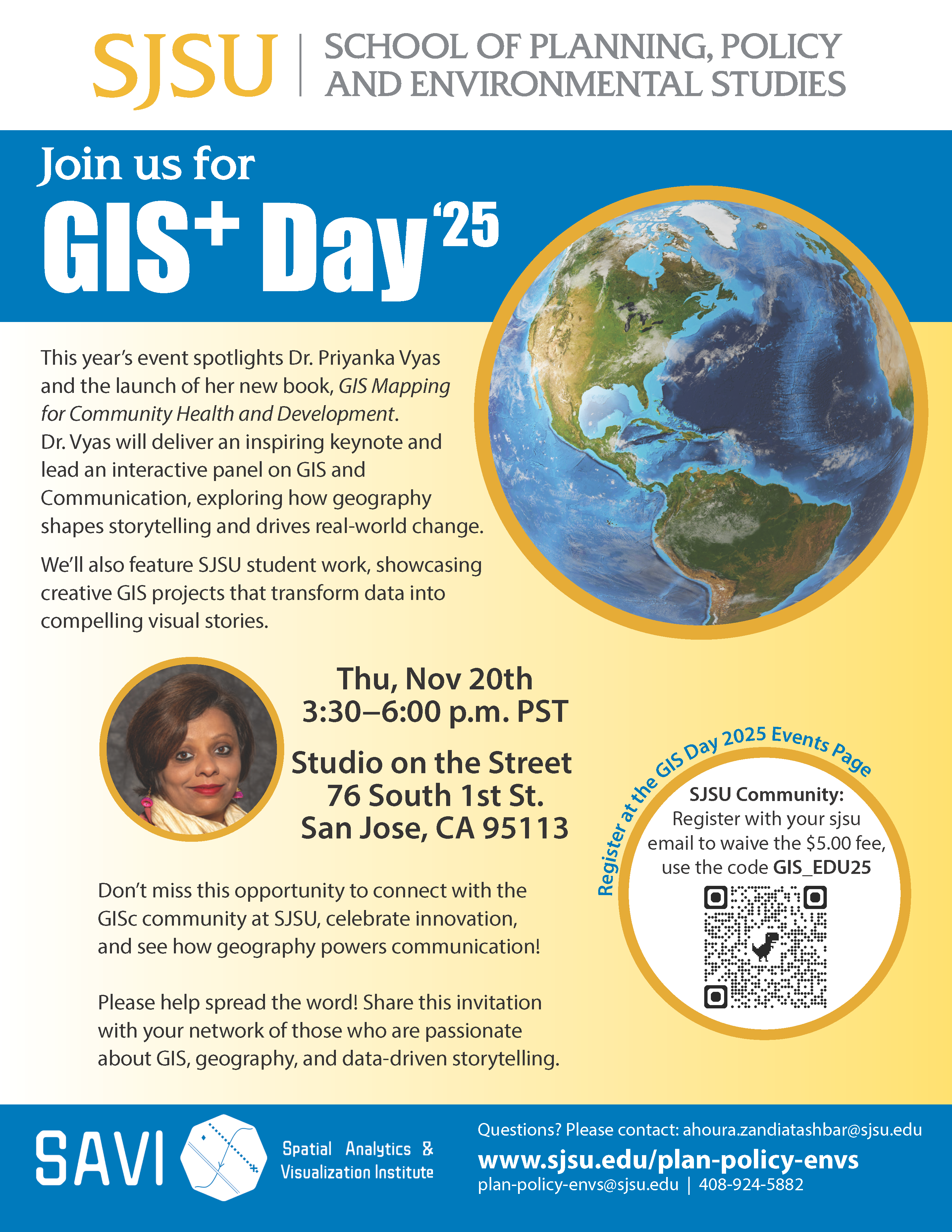 gis day flyer w/globe and image of Dr. Vyas