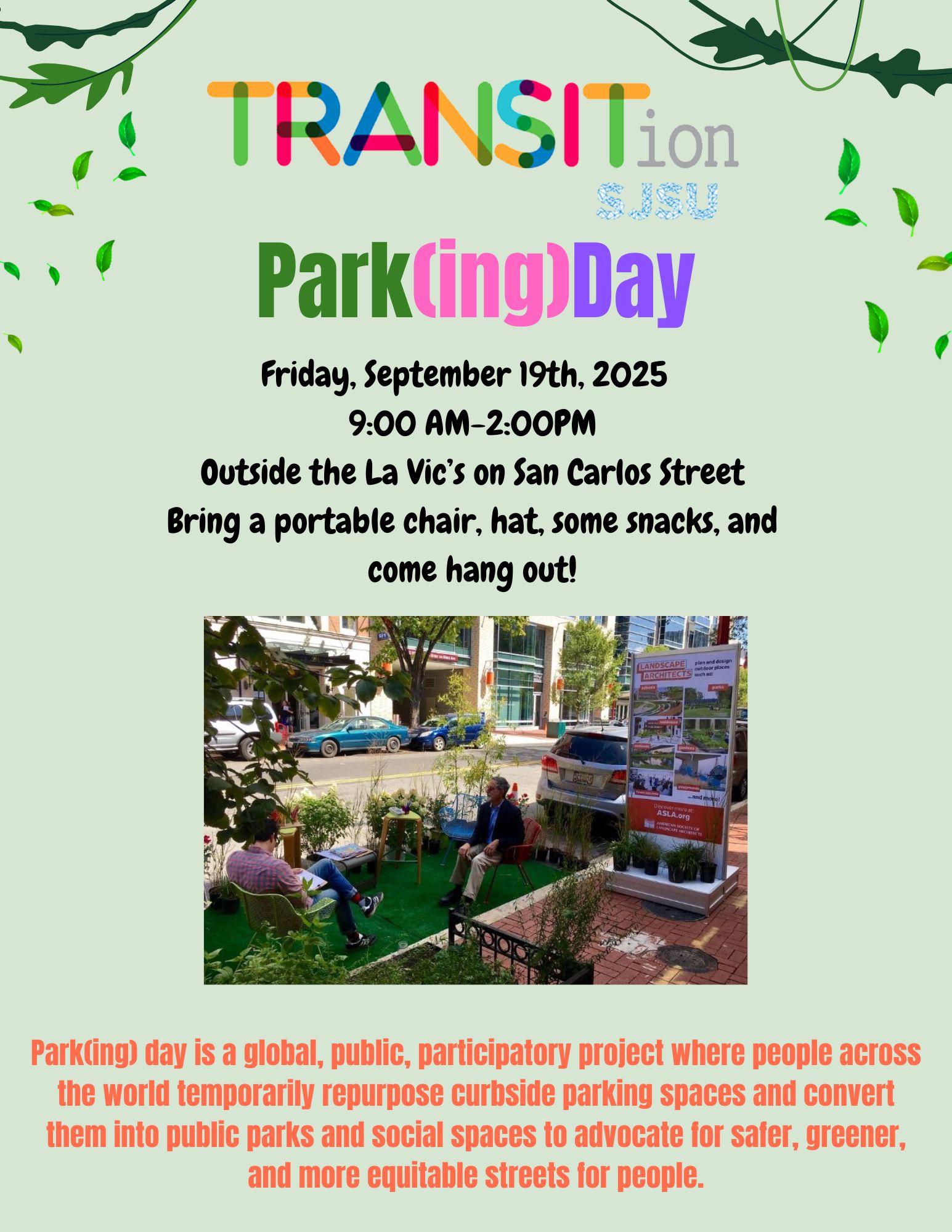 flyer for event with info and image of two people sitting in a parking spot turned patio