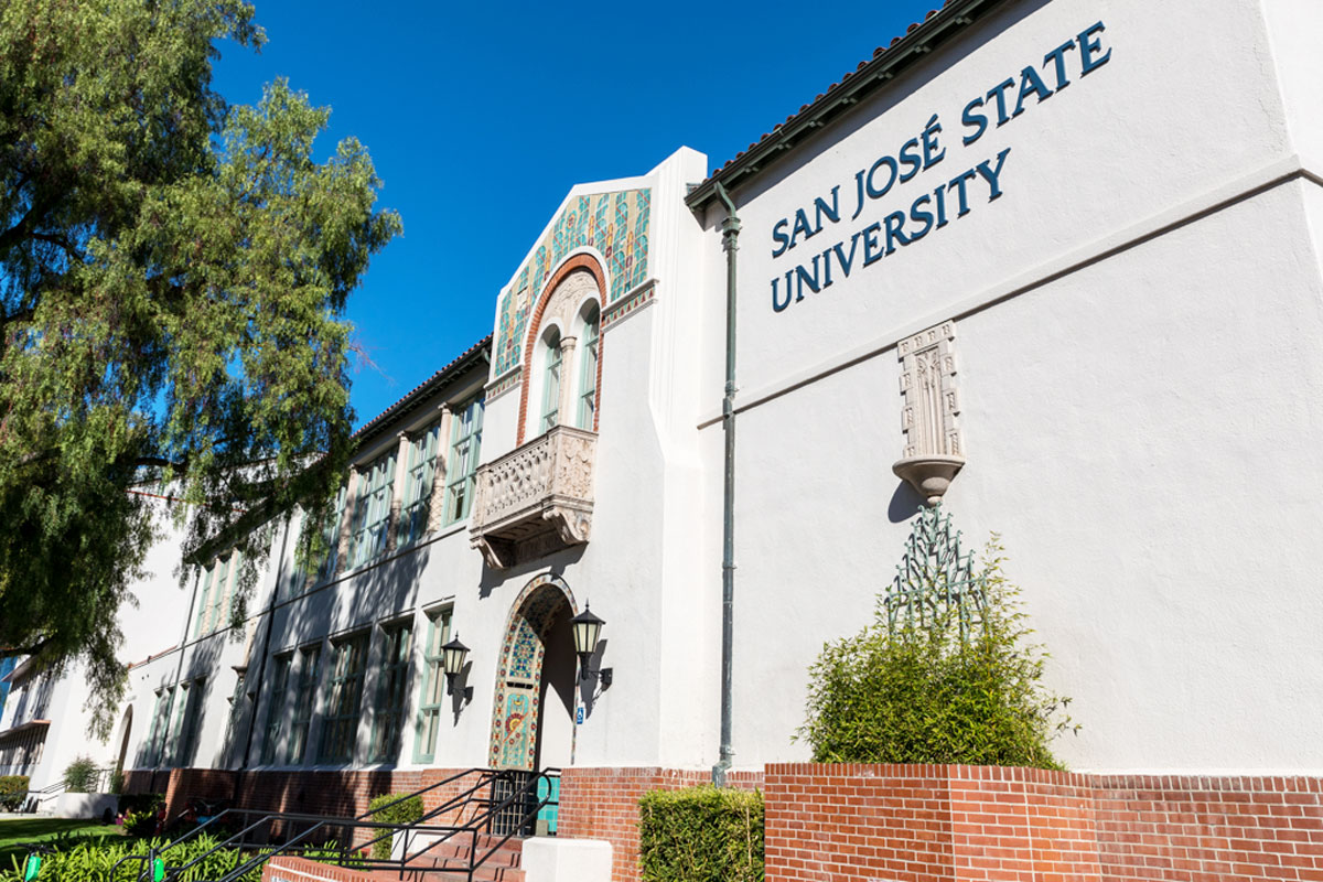 Washington Square building with wall signage that says San Jose State University.