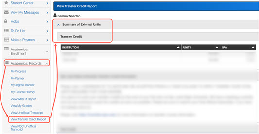 Where to view transfer credit report on MySJSU