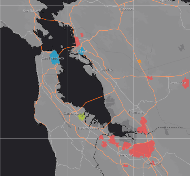 Map showing high-tech zones and sectoral typology of California