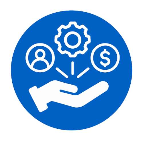 Blue icon showing an open hand supporting three symbols: a person, a gear, and a dollar sign—representing case management, resource navigation, and financial support.