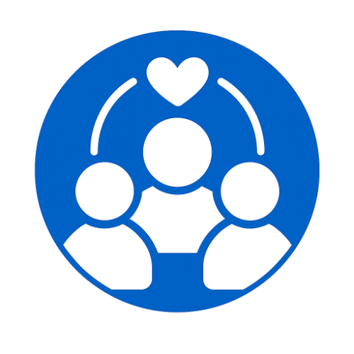 A white icon of three people connected under a heart, enclosed in a solid blue circle—representing care, connection, and community well-being.
