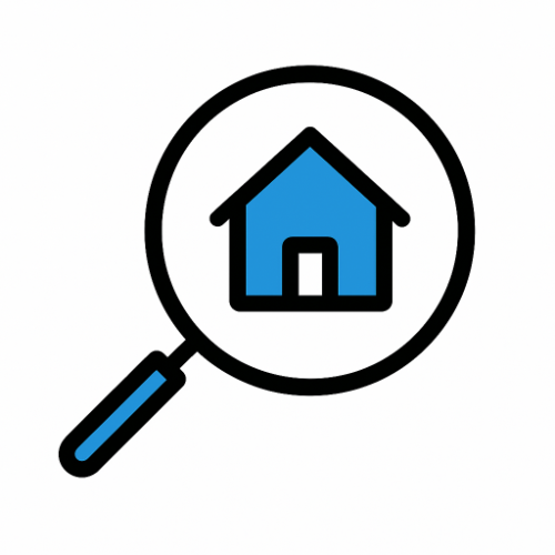Blue magnifying glass icon with a house in the center, representing housing search assistance or off-campus housing resources.