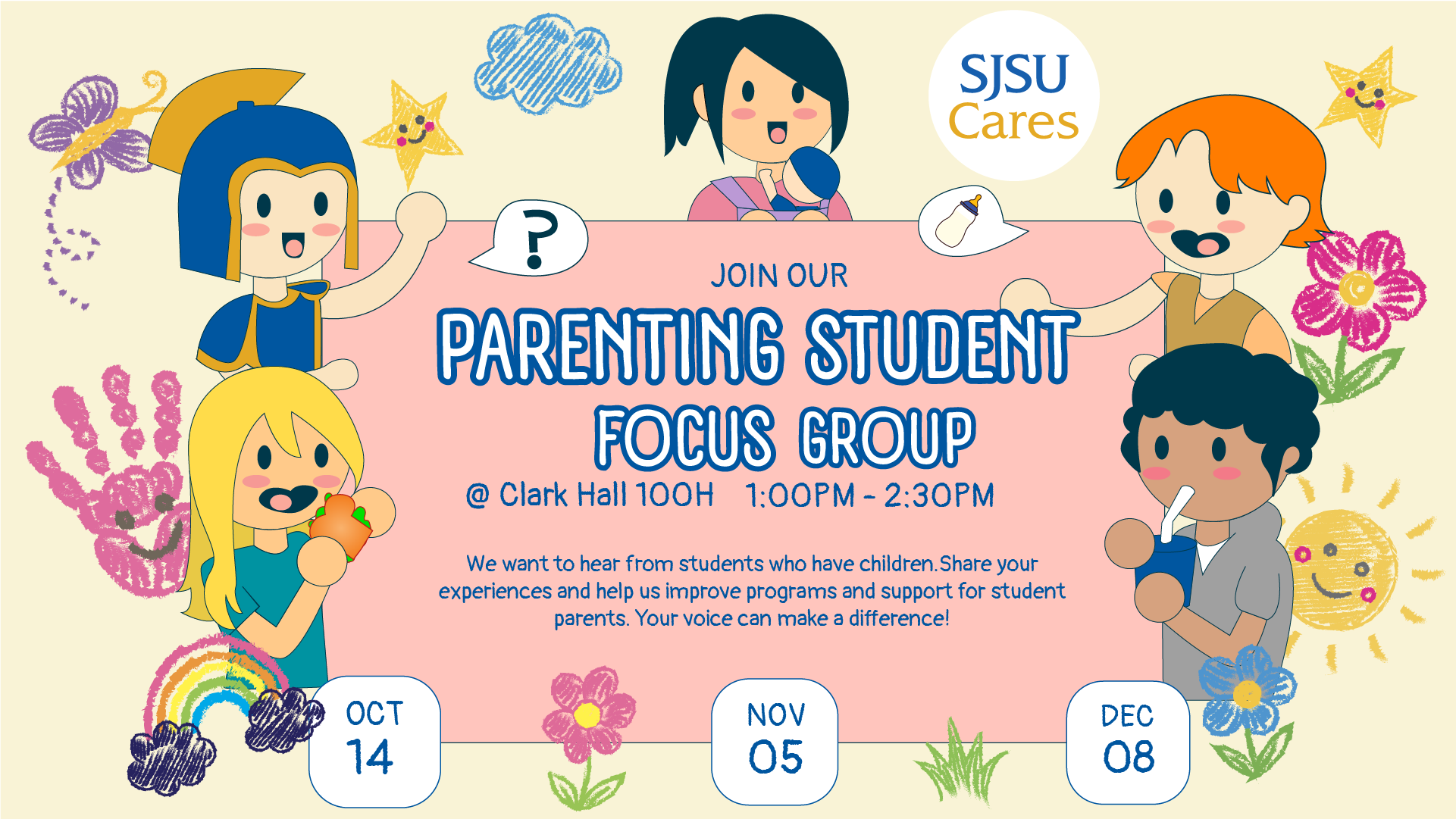 SJSU Cares Parenting Student Focus Group event flyer with cartoon illustrations of parents and children, listing focus group dates on Oct 14, Nov 05, and Dec 08 at Clark Hall 100H.