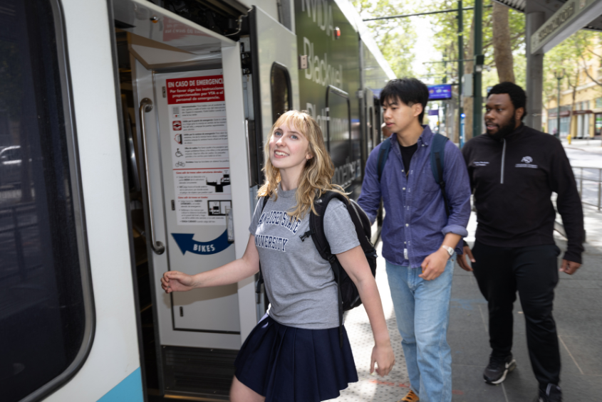 Students getting to campus by VTA light rail train.