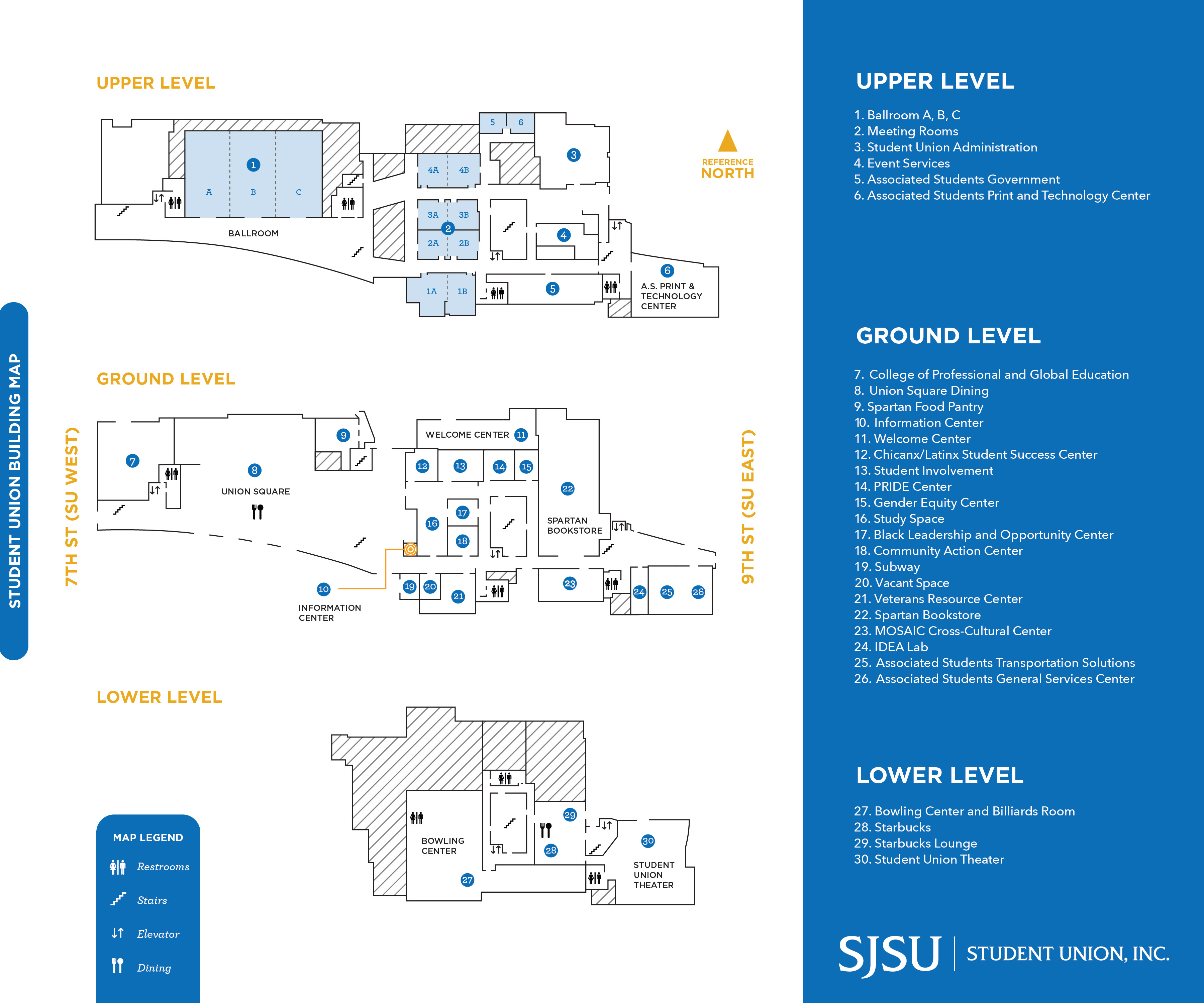 Student Union Campus Map (October 2026) Floor plan of the Student Union building with labeled maps for the upper, ground, and lower levels, accompanied by a legend and list of department locations.