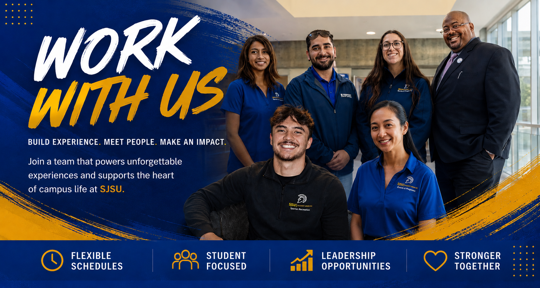 Work with us, Join  our team that has flexible schedules, is student focused, amd has leadership opportunities 