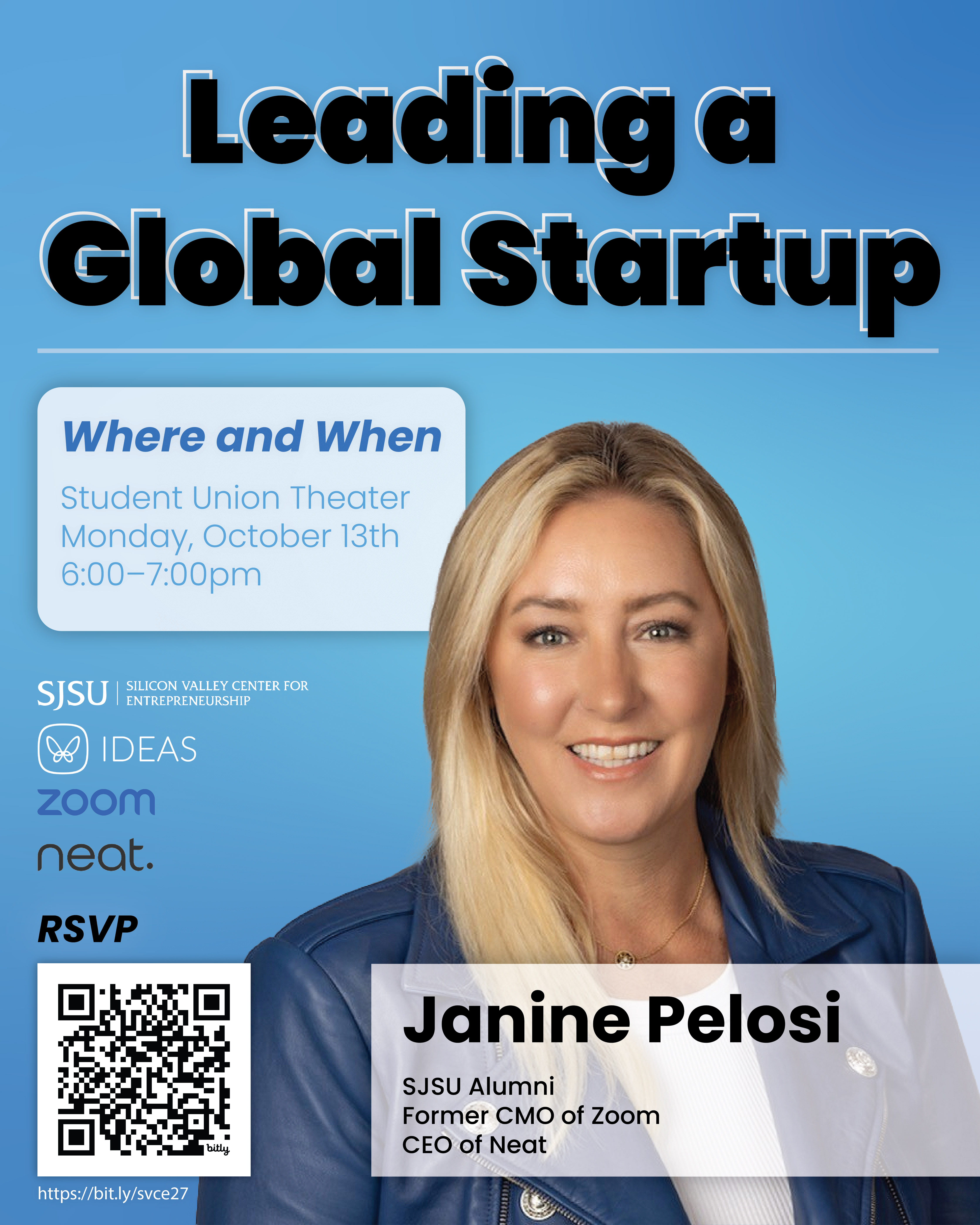 Janine Pelosi: Leading a Global Startup; When: Monday, October 13, 2025