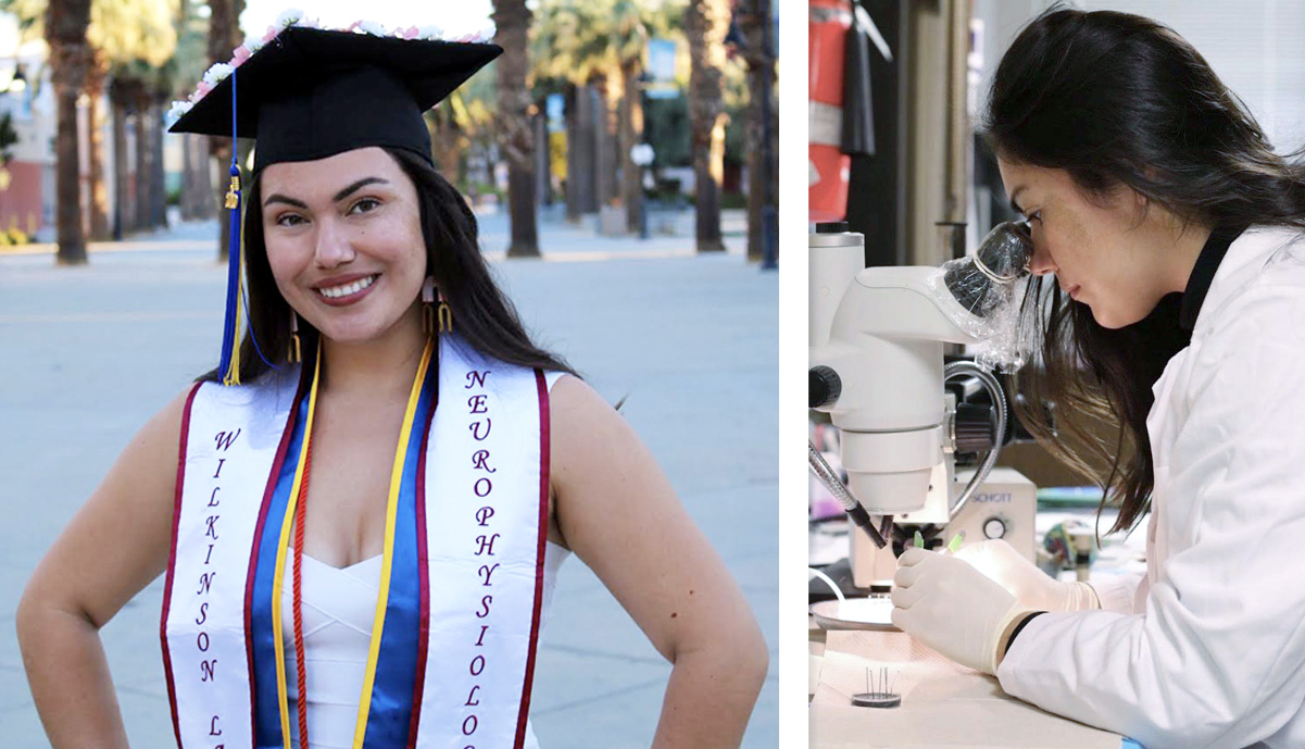 Alexandra in grad gear and in the research lab.