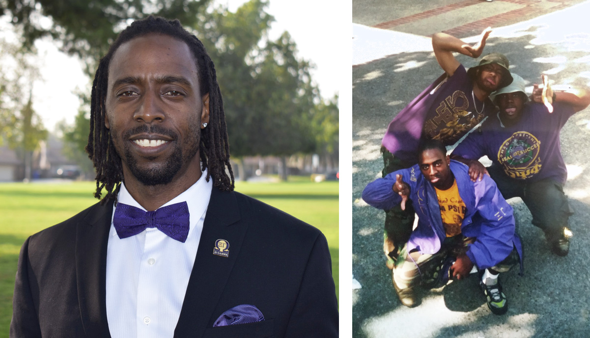 Carl Henderson in a suit next to a photo with his friends.