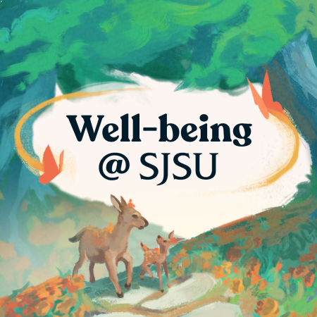 photo of the Well-being@SJSU wordmark with an illustration of a forest, and two deer walking along a pathway